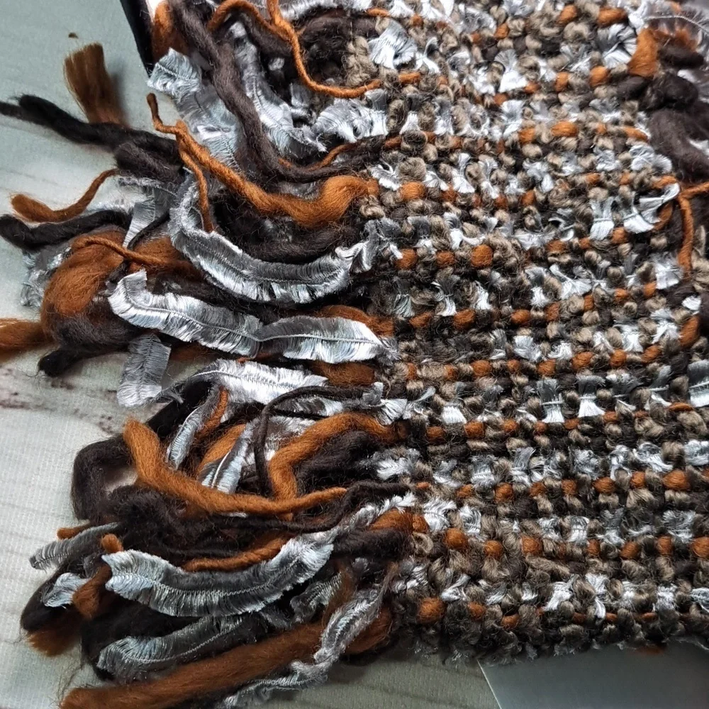 Eyeful Fringe Knit Scarf in Brown And Silver Has Faux Feather Detail
